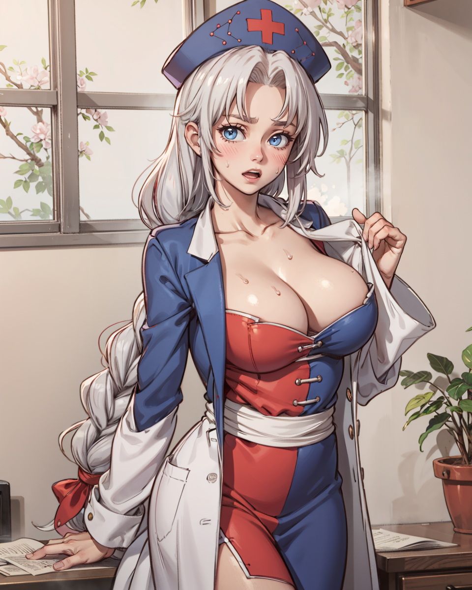 00476-1250824360-_lora_eirin_1_, 1girl, bangs, blue_dress, blue_eyes, blue_headwear, blush, braid, breasts, cleavage, collarbone, cowboy_shot, cu.png